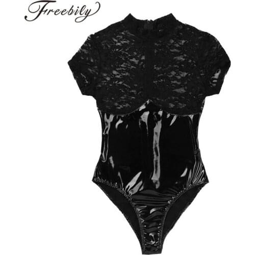Womens Wetlook Latex Bodystocking Babydoll Clubwear Lace Splice See-through High Cut Back Zipper Lingerie Bodycon Bodysuit