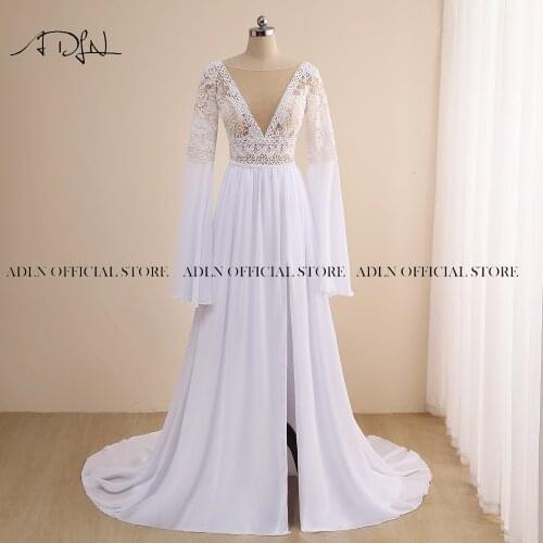 ADLN Long Sleeves Boho Wedding Dresses Sheer Neck Side Slit Chiffon Beach Bride Dress Bohemian Lace Wedding Gown