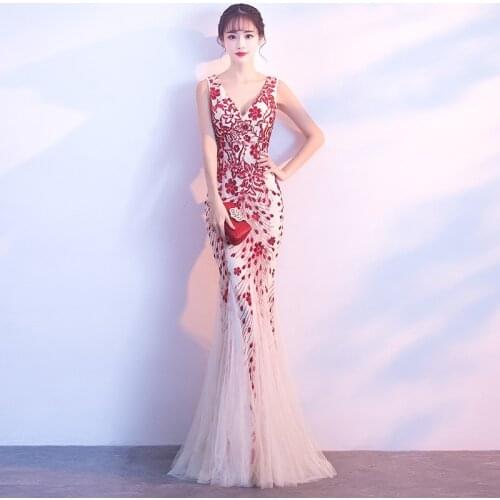 Sexy Embroidery Mermaid Sleeveless Split Evening Dress Wedding Formal Party Gown Robe De Soiree Vestido De Noche Cheongsam