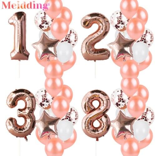 12pcs Rose Gold Number Foil Birthday Party Balloon Decorations Kit for Wedding Baby Shower 1 2 3 4 5 6 7 8 9-Year Kids Girls
