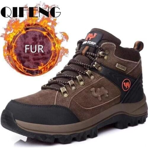 Genuine Leather Ankle Boots Mens Winter Outdoor Sneakers Warm Fur Non Slip Cowboy Lace Up Padded Footwear Suede Rubber Plush