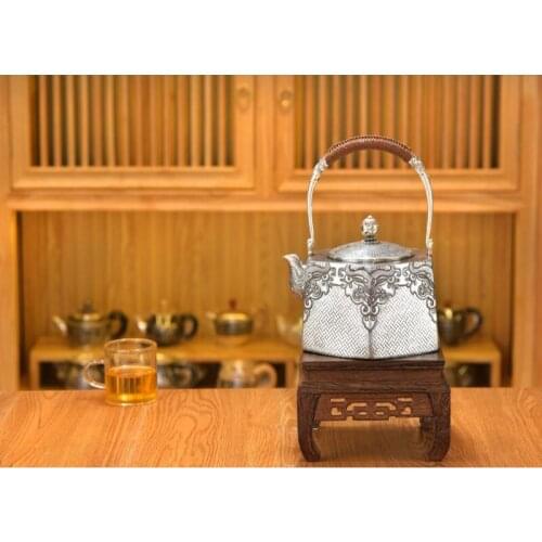 Silver pot 999 sterling silver handmade tea set Japanese retro teapot kettle home tea ceremony Kungfu tea set 1200ml