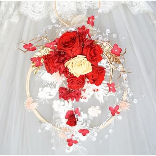 IFFO Basket Bride Bouquet,Eternal Rose Flower Bridal Bouquet, Handmade Luxury Pearl Crystal Bouquet Romantic Wedding