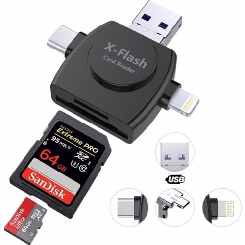 Kismo 4 in 1 Type-c/Lightning/Micro USB/Card Reader Micro SD Card Reader for iPhone/iPad/Android Camera Card OTG Card Reader