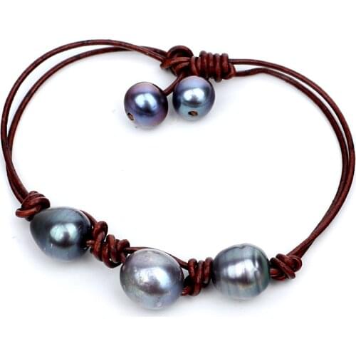 Best seller Peacock black oval fresh water natural pearl hand knot women jewelry bracelet real leather female