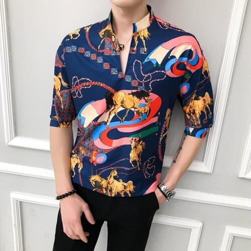 Social youth British Style Floral Mens Printed Half Sleeve pullover Shirt Summer Slim Fit Casual Shirt camisa masculina