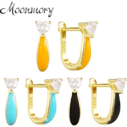 Moonmory 100% 925 Sterling Silver Heart Crystal Zircon Huggies Hoop Earrings For Women European Pop Colorful Enamel Gold Jewelry