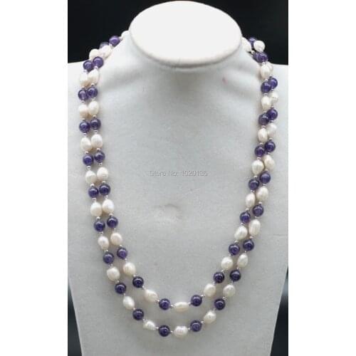 Wholesale freshwater pearl white round and amethys necklace 45inch nature beads 8mm