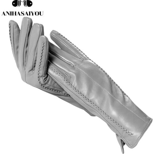 High grade women leather gloves,Genuine Leather Light grey warm womens winter mittens,Simple sheepskin gloves female-2226H