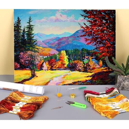 Landscape Autumn Day Printed Fabric 11CT Cross-Stitch DIY Embroidery Patterns DMC Threads Needlework Craft Handicraft Needle
