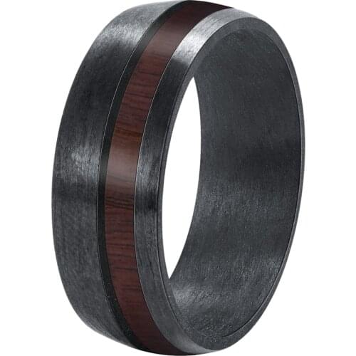 POYA 8 mm Black Carbon Fiber Ring for Men Matte Finish Wood Inlay Wedding Band Comfort Fit
