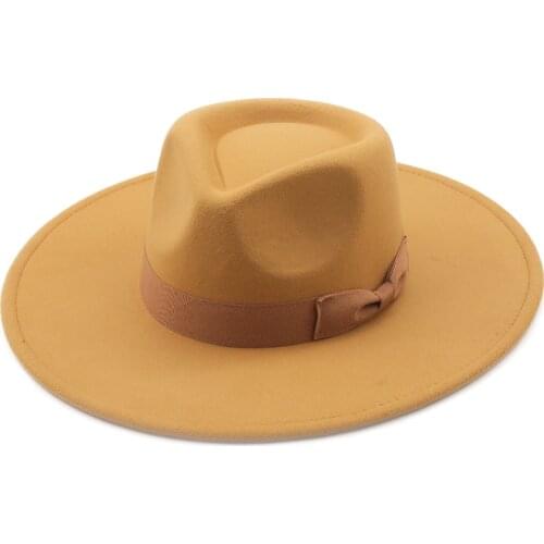 Simple British Style Men Women Winter Wool Fedoras Cap 9cm Big Wide Brim Derby Wedding Church Jazz Hats