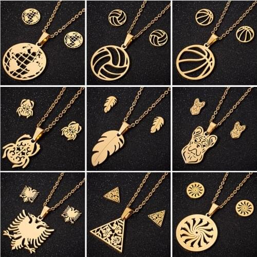 Sasusp Vintage Stainless Steel Gold Color World Map Chain Necklace Women Feather Dog Eagle Beetle Necklace and Earrings Sets