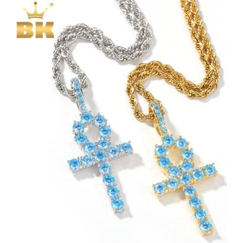THE BLING KING Luxury Micro Baby Blue Cubic Zirconia Ankh Cross Pendant Fashion Iced Out Bling Key Of Life Necklace Jewelry