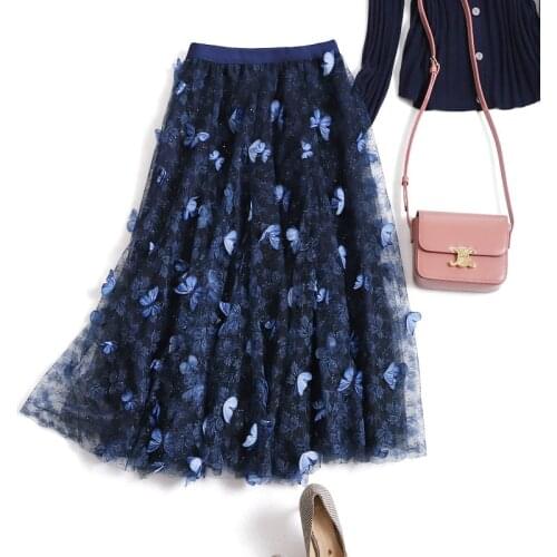 Heavy Industry Embroidery Fairy A-line Skirt Women 3dimensional Butterfly Embroidery Mesh Skirt Women High Waist Blue Skirts
