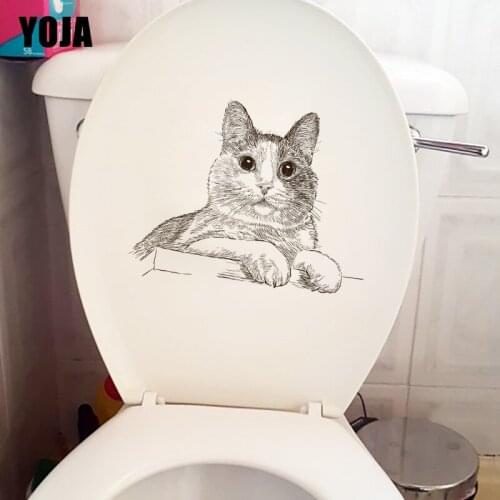 YOJA 24.2×19.3CM Hand Drawn Cute Cat Childrens Bedroom Wall Stickers Funny Cartoon Toilet Decals T1-2954