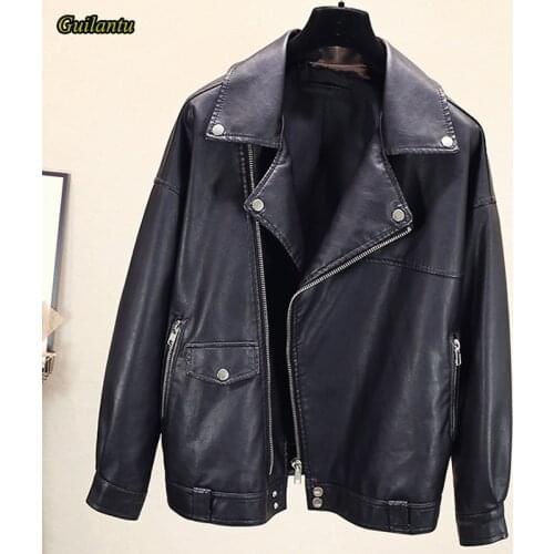 Guilantu Women Faux Pu Leather Motorcycle Biker Coat Turn-down Collar Zipper Plus Size Loose Black Streetwear Jacket Female