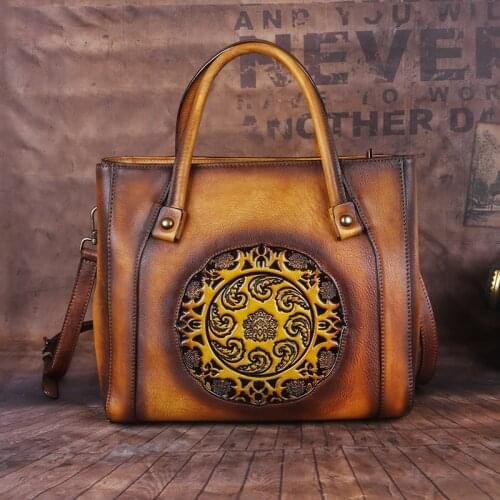 Retro Genuine Leather Handmade Women Bag 2020 New First Layer Cowhide Large Capacity Handbag Embossed Shoulder Bags Sac A Main