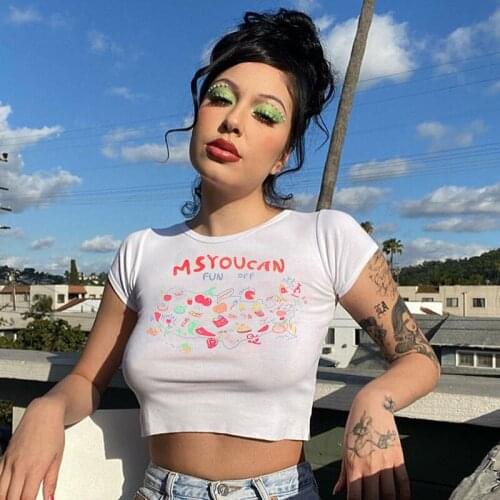 Summer Slim Sexy Corp Top Women Pullover Cute Cartoon Printed Letter White Short T-shirt Y2K Vintage Fun Kpop Tops Goth Clothes