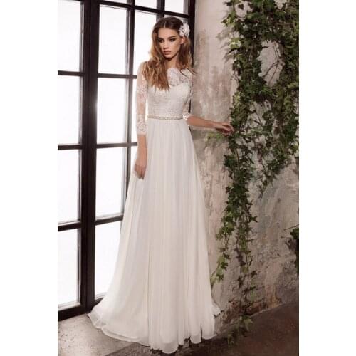 2021 Wedding Dresses Three Quarter Sleeves Top Lace Chiffon Bridal Gowns with Beading Sashes Vestido De Noiva