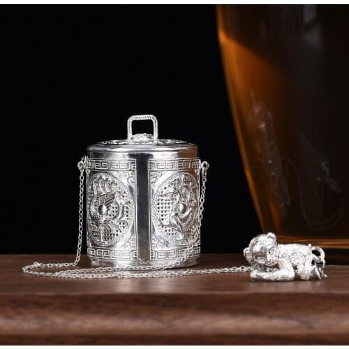 Ag999 Sterling Silver Tea Mesh Infuser Sphere Strainer Mythical Creatures Tea Filter Locking Spice Kitchen Tools
