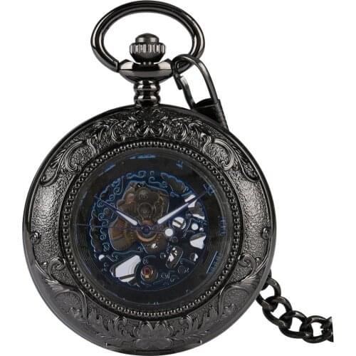 Retro Black Flower Pattern Case Glass Mechanical Pocket Watch Fashion Blue Skeleton Roman Number Dial Chain Watch for Men Women