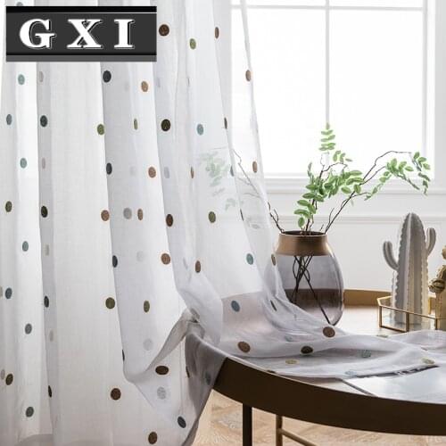 Colorful Circle Sheer Curtains Tulle Curtain for Living Room Embroidered Tulle Window Drapes Cotton Linen White Voile