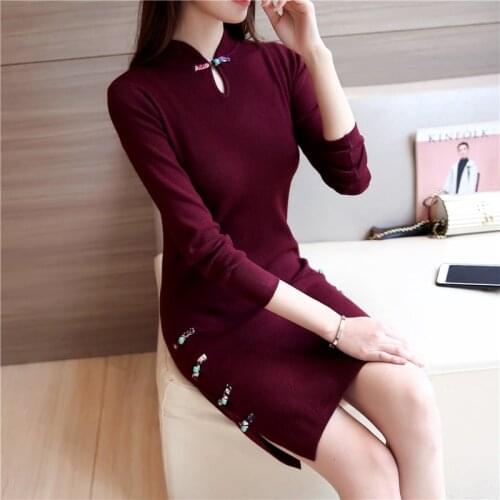 In the long section of cheongsam sweater dress was thin Slim retro split plate buckle dress autumn and winter womens knit dress