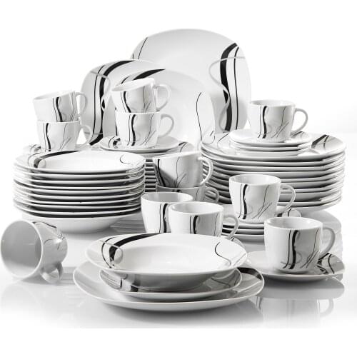 60-Piece Black Lines Porcelain Ceramic Plate Combi-Set with Dessert Plates/Soup Plates/Dinner Plates/Cups/Saucers