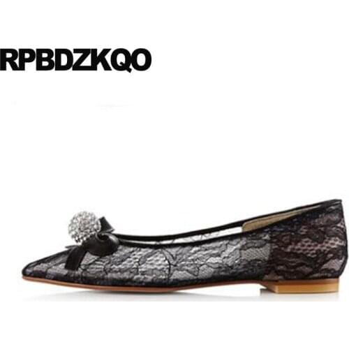 Chinese Wedding Shoes Bow White Handmade Diamond Women 11 Pointed Toe 10 Size 9 41 Crystal Fashion Lace Beautiful Large Black