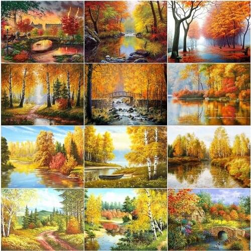 Square/Round Diamond Painting Landscape Cross Stitch Diamond Embroidery Autumn Autumn Picture Rhinestones Lake Mosaic Kits Gift