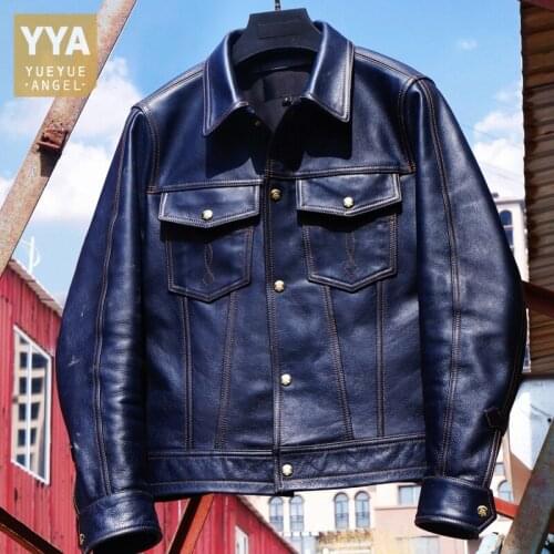 100% Cowhide Genuine Leather Jacket Men Vintage Single Breasted Pockets Cargo Jacket Slim Fit Classic Moto Biker Outerwear Coat