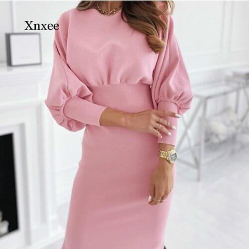Autumn Round Neck Dress Solid Color Casual Ladies Slim Bag Hip Solid Color Waist Knitted Mid-Length Skirt Pink Waist Office Wome