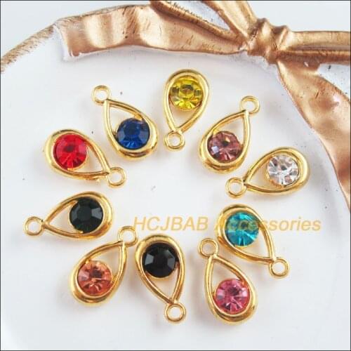 20Pcs Gold Color Smooth Teardrop Mixed Crystal Charms Pendants 9.5x17.5mm