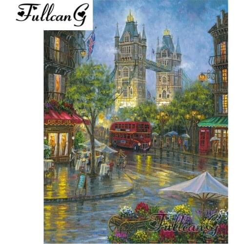FULLCANG full square/round drill diy diamond painting "rainy day scenery & bus" 5d rhinestone embroidery kits art decor FC193