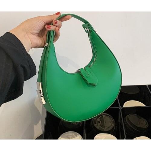 Half-Moon Green PU Leather Crossbody Bags with Short Handle for Women 2021 Handbag and Purses Small Baguette Shoulder Totes Bag