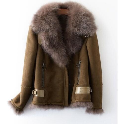 Luxury Big Natural Fox Fur Collar Suede Leather Jacket 2020 Fashion Short Warm Winter Coat Women chaqueta mujer WYQ1543