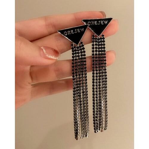 SRCOI Black Rhinestone Long Chain Tassel Dangle Earrings With Enamel Triangle Women Elegant Engraved Letter Geometric Jewelry