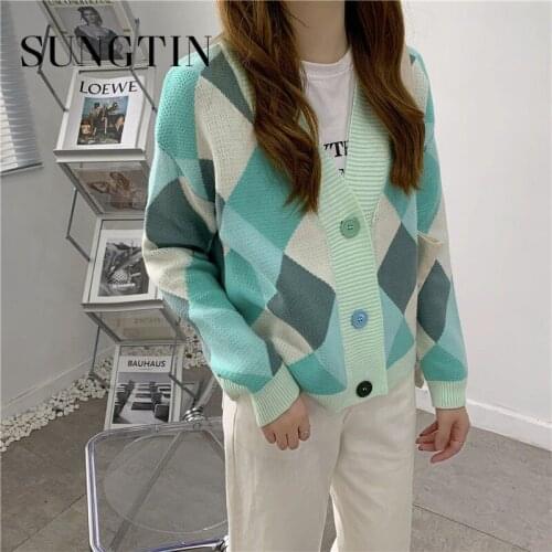 Sungtin Vintage Argyle Sweater Cardigan Women Korea Style Sweet Causal Sweaters Female 2021 New Fashion Elegant Outerwear Button