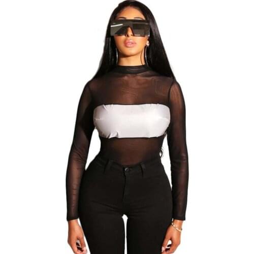 Body Feminino Sexy Mesh Bodysuit Leotard Women Elegant Black Patchwork See Through Skinny Long Sleeve Bodycon Jumpsuit Club Wear
