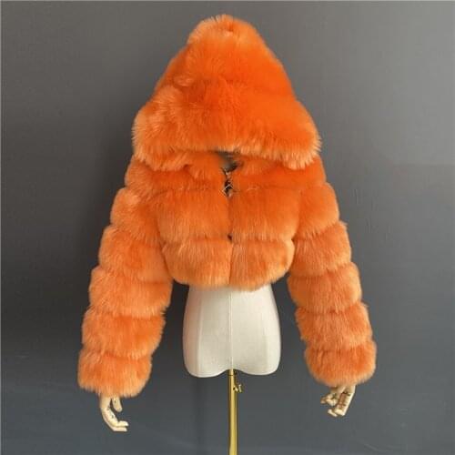 High quality faux fur jackets and coats for women, short cut, fluffy finish, jacket with hood, winter coats, feminine pelisse