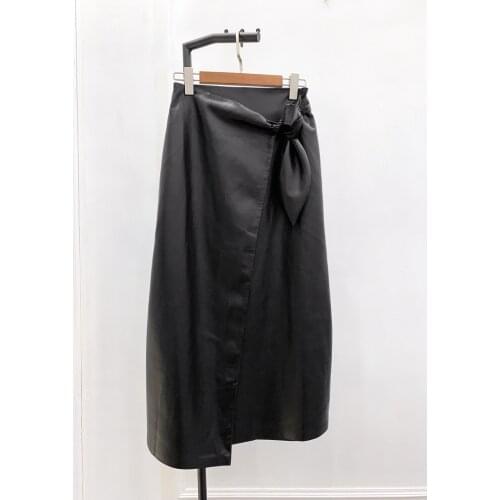 Womens Leather Long Skirt Rabbit Lace Up Wrap Slim Ladies Soft Bottoms Female Solid Colors Midi Skirt