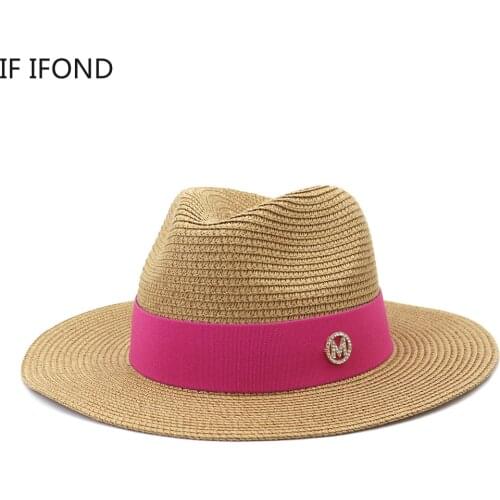 2021 New Luxury Straw Beach Hat For Women Summer Panama Cap Fashion M Letter Ribbon Sun Protection Visor Hats