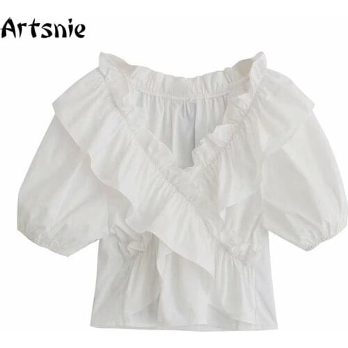 Artsnie Ruffles White Blouses Women Summer 2021 V Neck Lantern Sleeve Crop Tops Femme Slim Ladies Cropped Blouses Blusas Mujer