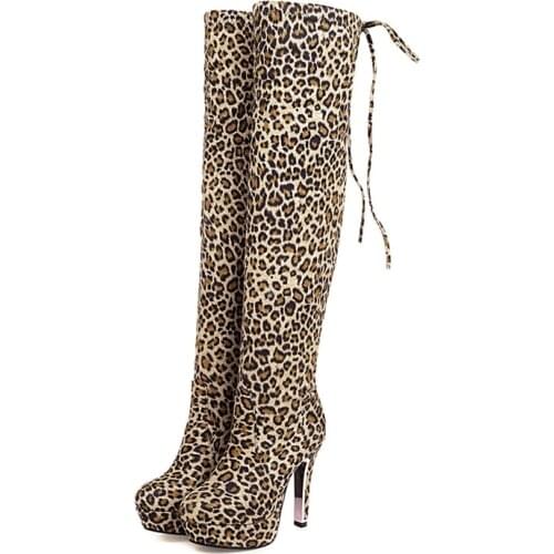 Womens Thigh High Boots over-the-knee boots Women Platform Sexy Leopard Red Black Long Fetish Shoes Lady Large Size 45 46 48