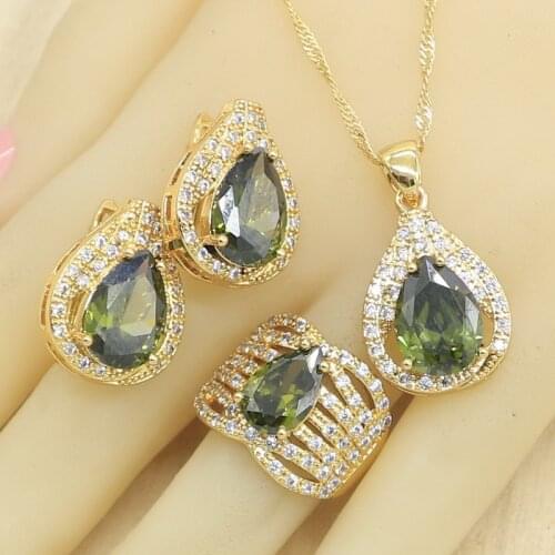 Olive Green Zircon Gold Color Jewelry Sets for Women Hoop Earrings Necklace Pendant Rings Free Gift Box