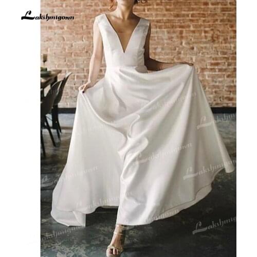 Elegant A Line Deep V Neck Open Back Soft Satin Long Wedding Dresses with Pockets Off The Shoulder Simple 2021 vestidos de novia
