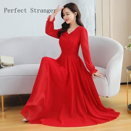 2021 Spring Summer Women Long Sleeve Dress Leisure V Collar Solid Color Long Sleeve Women Chiffon Long Dress High Quality