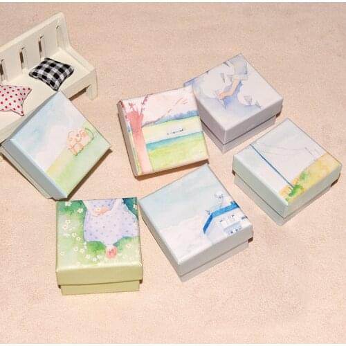 12 Pcs Pack Black Foam Cardboard Paper Jewelry Box With Japanese Cartoon Cute Print Gift Case Earring Ring Necklace Package