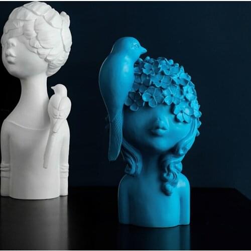 Abstract Sculpture Flower Girl With Bird Home Decoration Ornaments Resin Figurine Crafts Office Desk Decor TV Cabinet Decoration
